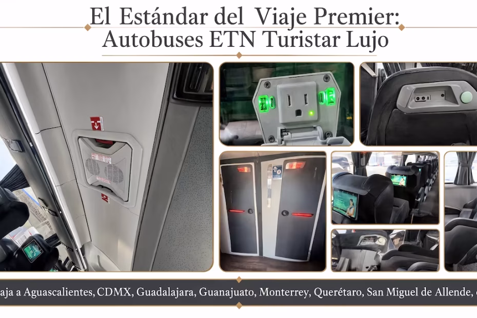 Collage de amenidades de lujo en Autobuses ETN Turistar Lujo: pantallas individuales, conexiones eléctricas, asientos reclinables y baños independientes.