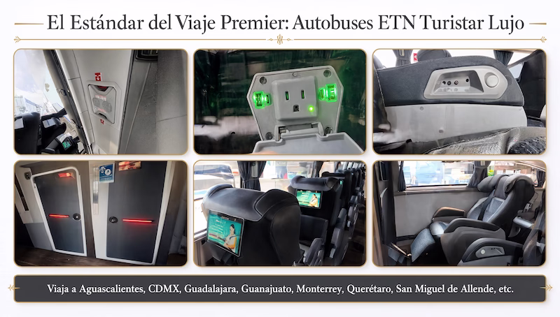 Detalles del interior de Autobuses ETN Turistar Lujo mostrando cargadores USB, salidas de audio personalizadas y cabinas climatizadas.