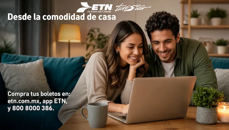 Infografía de canales de contacto de ETN Turistar: teléfono 800, WhatsApp oficial y sitio web para boletos.