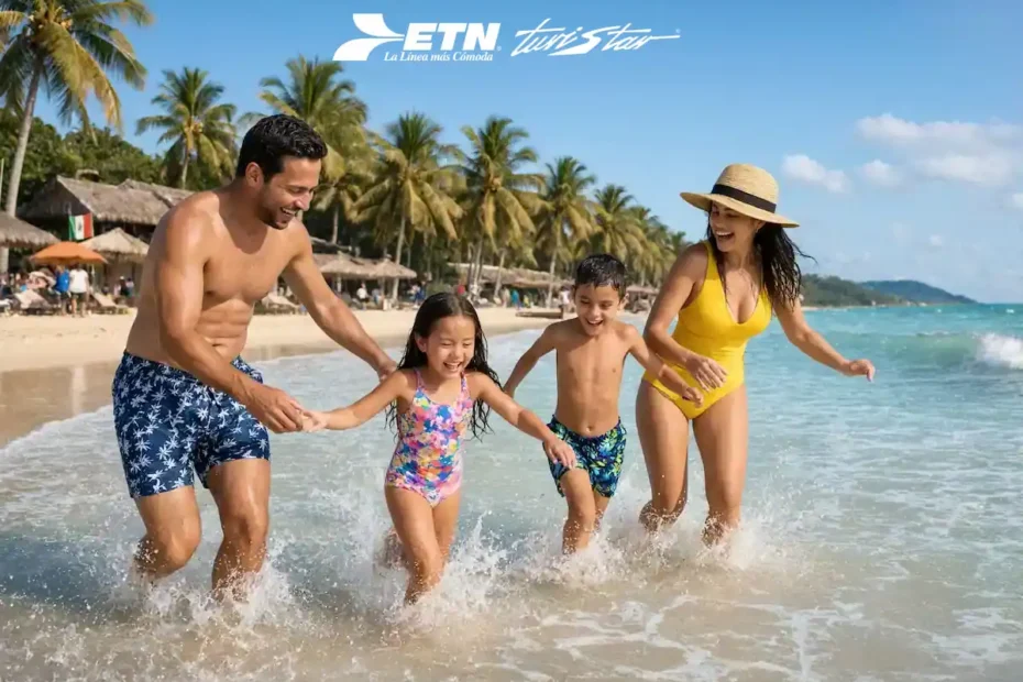 Familia con niños corriendo en la playa durante sus vacaciones de Semana Santa 2026 con ETN Turistar.