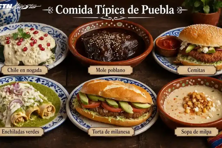 Guía completa de la mejor comida típica de Puebla: Mole Poblano, Chiles en Nogada y Cemitas viajando con el transporte de lujo de ETN Turistar.
