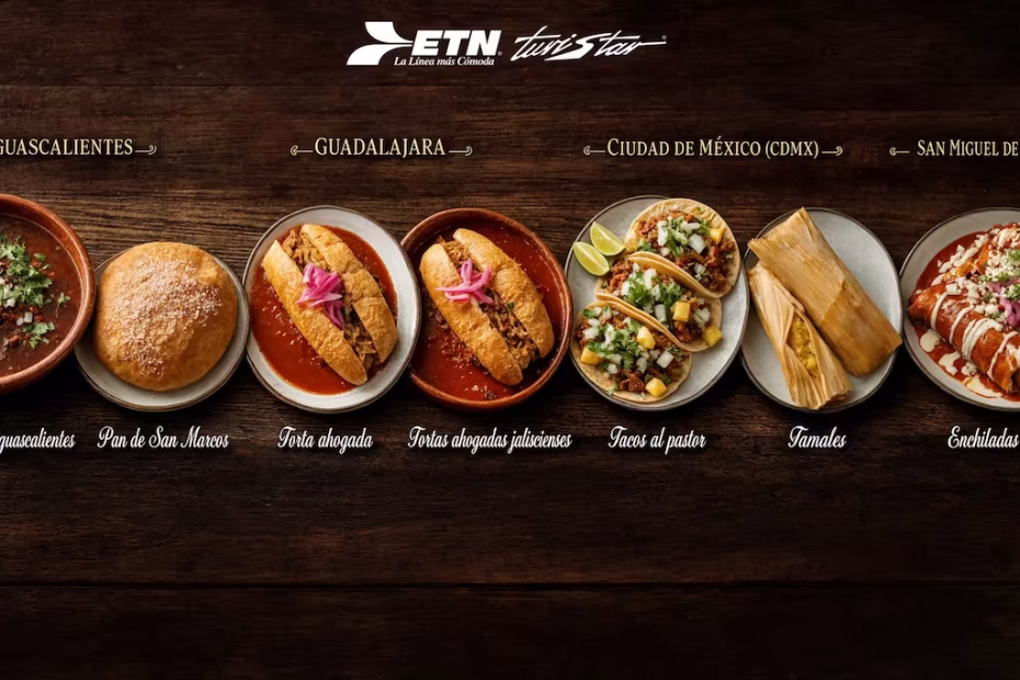 Banquete de comida típica con ETN Turistar en una mesa de alta gama.