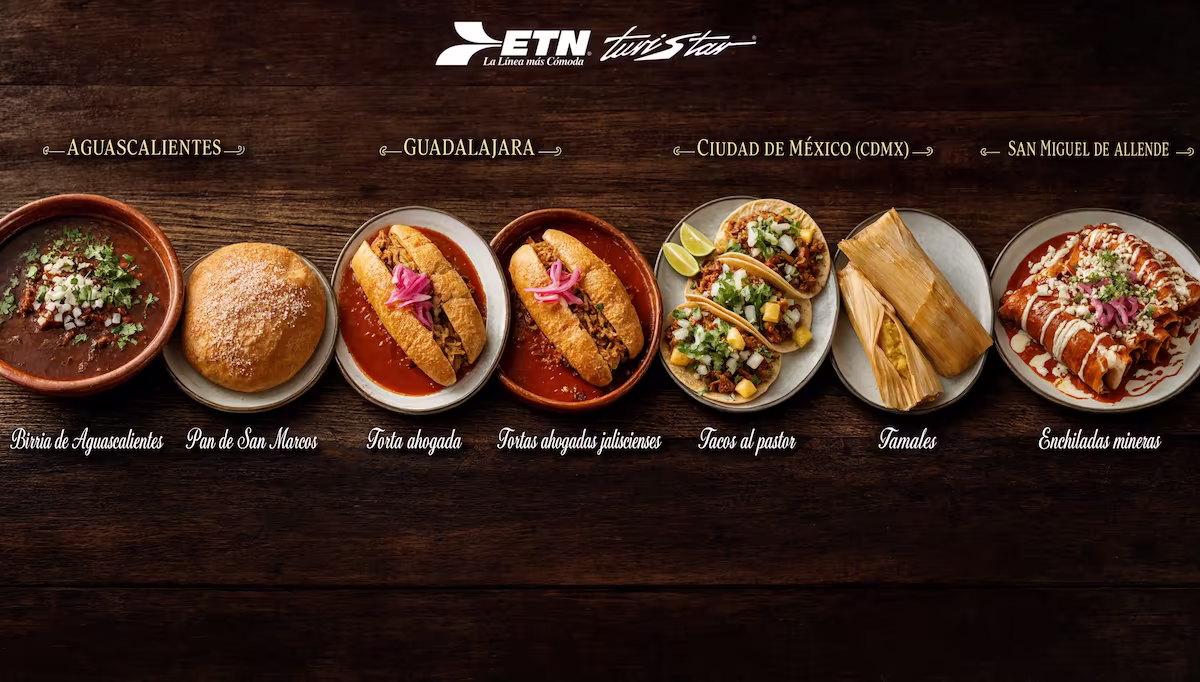 Banquete de comida típica con ETN Turistar en una mesa de alta gama.