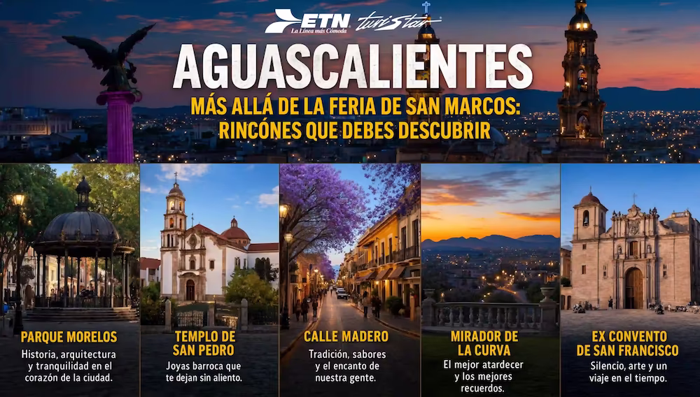 Collage de sitios turísticos en Aguascalientes: Parque Morelos, Templo de San Pedro y Calle Madero, accesibles con ETN Turistar.