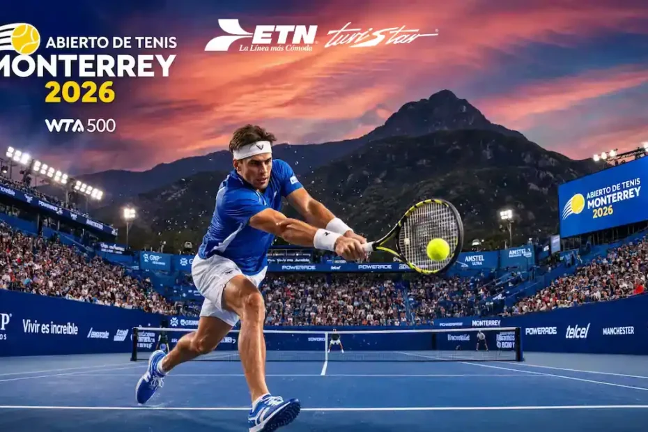 Una jugadora de clase mundial realizando un saque en el Abierto de Tenis Monterrey 2026 en el Club Sonoma, viajando con ETN Turistar.