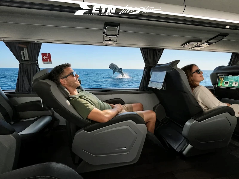 Viajero Gran Clase de ETN Turistar descansando en su asiento de piel previo a su expedición marina en Baja California.
