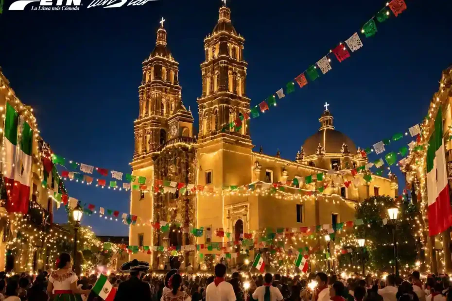 Iluminación tricolor y fuegos artificiales sobre la Parroquia de Nuestra Señora de los Dolores durante la celebración de las Fiestas Patrias en Dolores Hidalgo 2026.