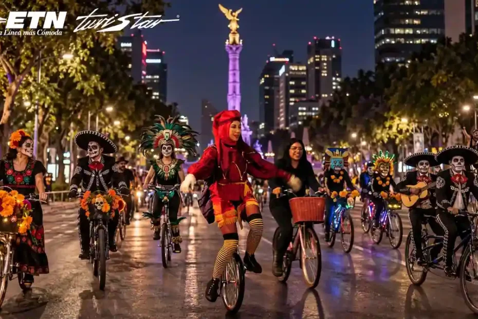 Ciclistas iluminados y catrinas en el Paseo Nocturno de Día de Muertos CDMX 2026 viajando con el confort de autobús ETN Turistar