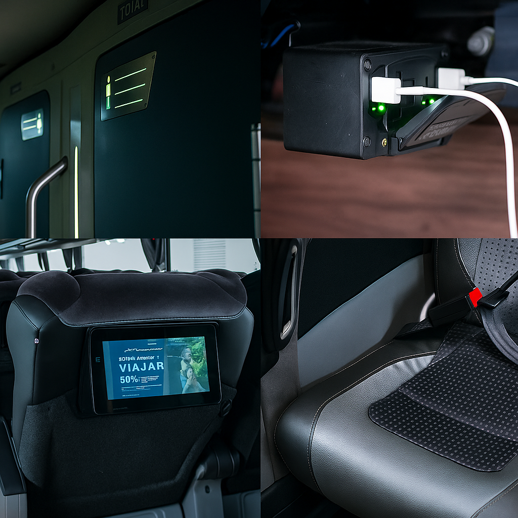 Intérieur d’un autocar ETN Turistar montrant les sièges et les équipements à bord